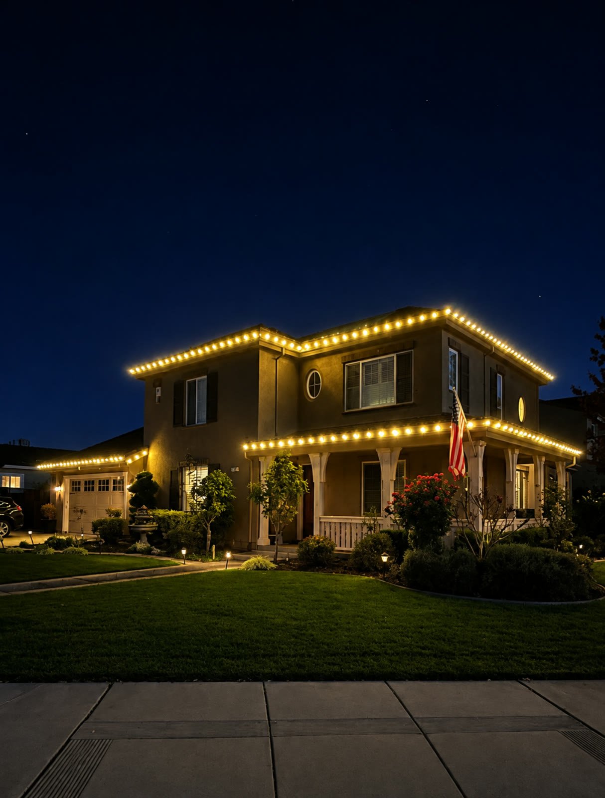 Warm white holiday lights along a two-story roofline and porch, installed by South County